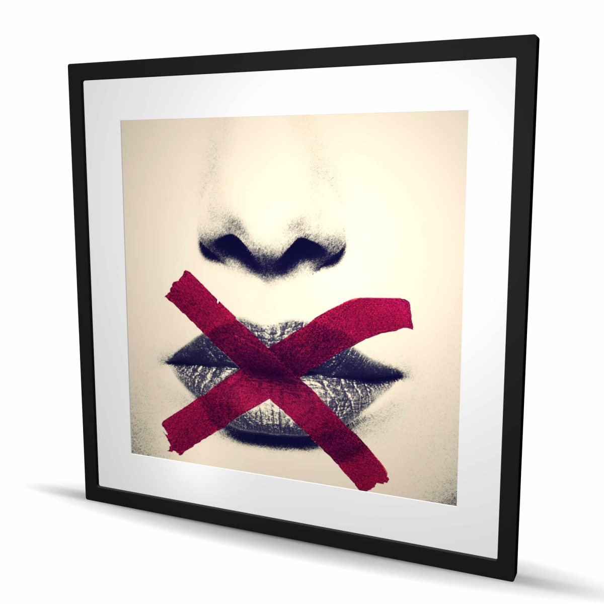 C1FM36367MGGYQ 36 x 36 in. Grayscale Lips with A Red X - Modern Figurative Print Decor