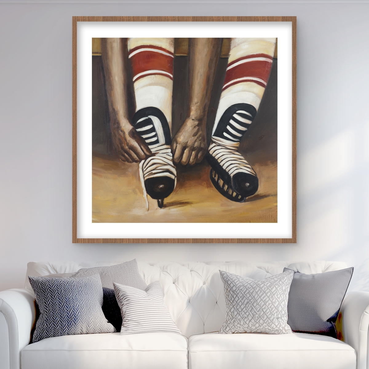 C1FM36368KLUNZ 36 x 36 in. Hockey Player Ties Skates - Black Man Cave Framed Print