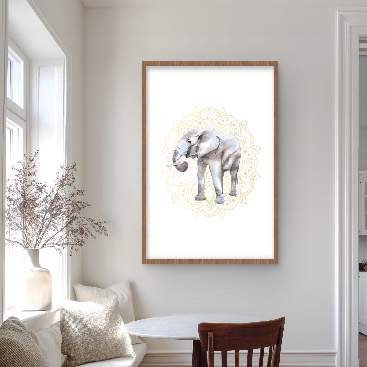 C1FM2436PA3YLO 24 x 36 in. Elephant on Mandalas Pattern - Beige Framed Matted Print