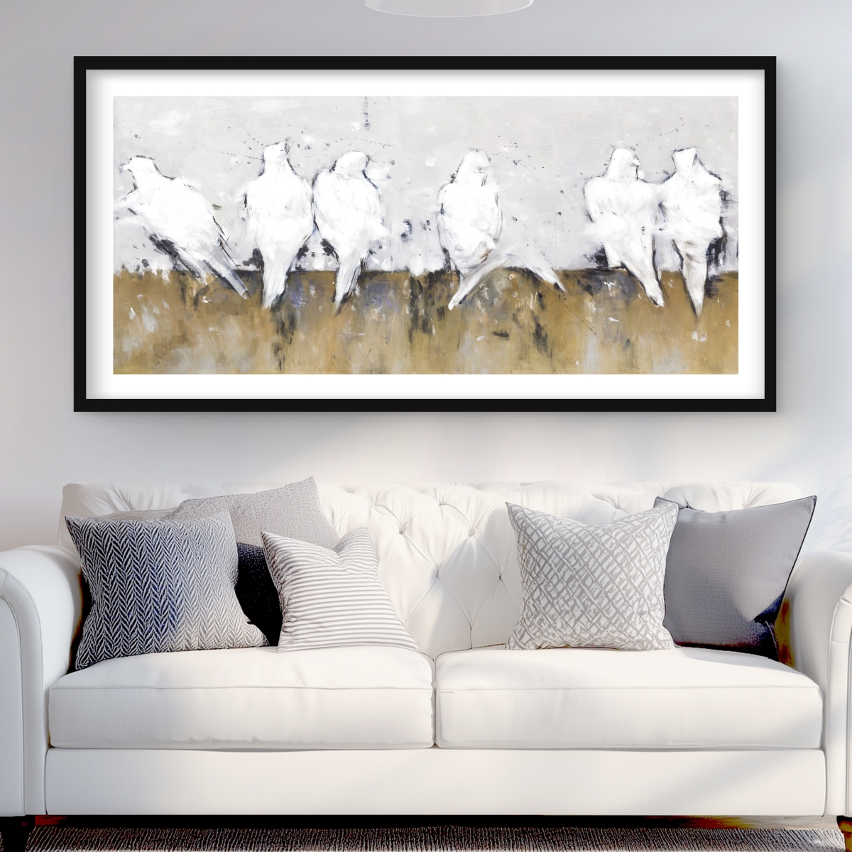 C1FM2448FG4255 24 x 48 in. Abstract Perched Birds - White Framed Matted Print for Decor