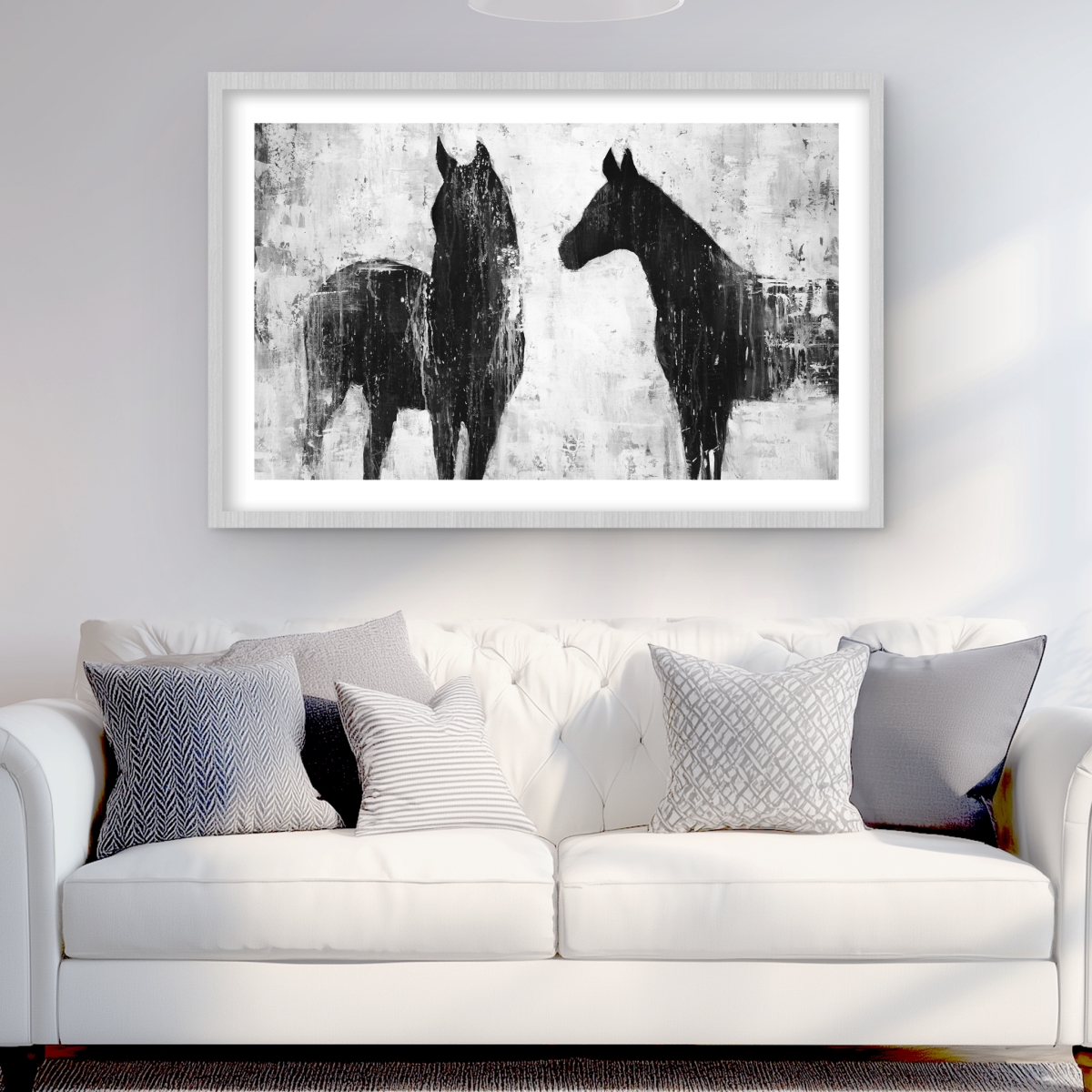 C1FM2436EVMXFS 24 x 36 in. Black & White Horses Print - Framed Matted Home Decor