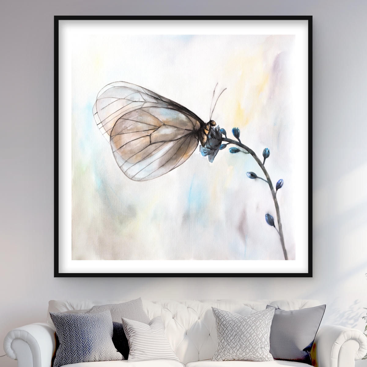 C1FM4848A1H3M9 48 x 48 in. Butterfly on Blue Flowers - Framed Matted Print - Home Decor