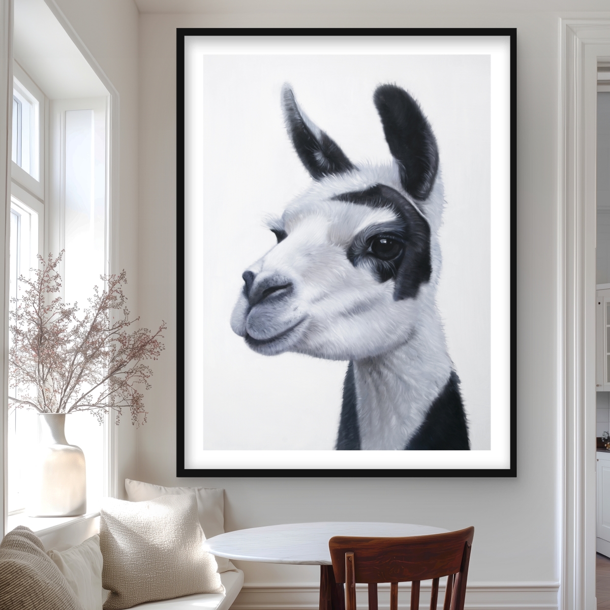 C1FM3648M5SWXX 36 x 48 in. Black & White Lama - Rustic White Framed Matted Print