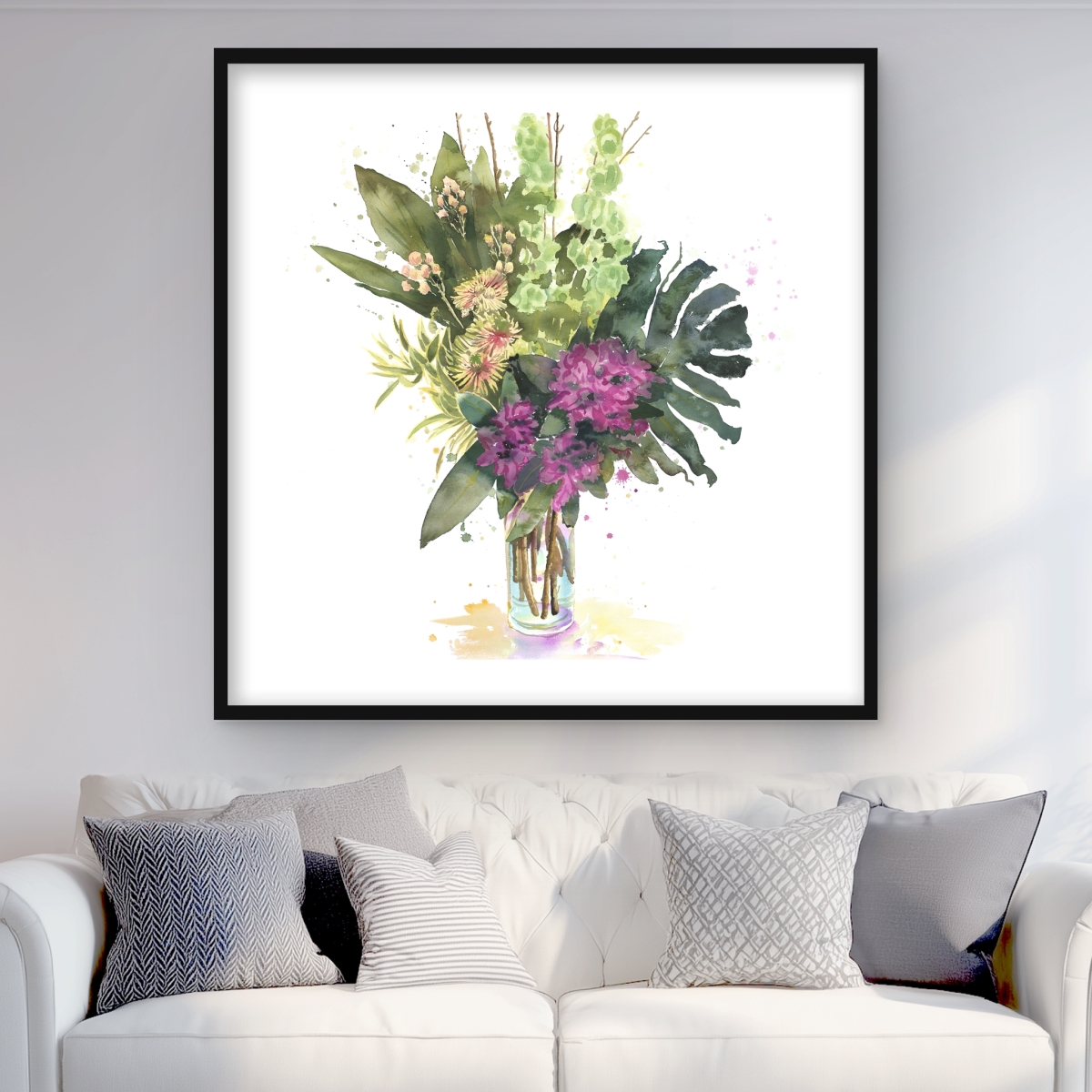 C1FM3636WZ2TD6 36 x 36 in. Tropical Flower Assemblage - Green Framed Matted Print Decor
