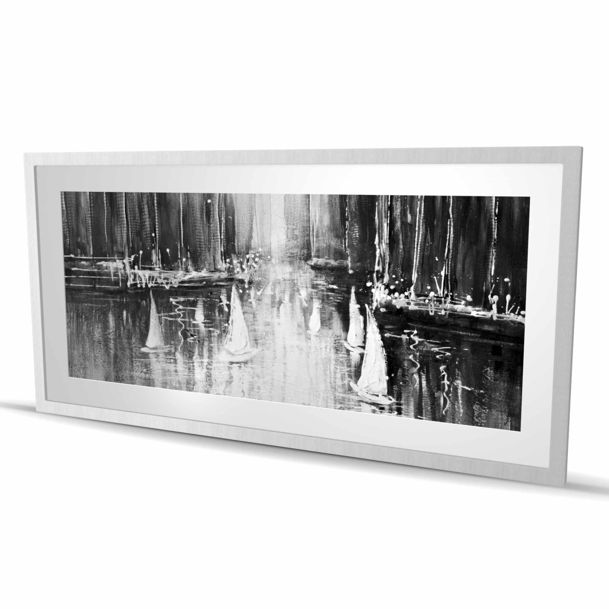 C1FM2448J9UCJ8 24 x 48 in. Grayscale Boats on the Water - Coastal Framed Matted Print