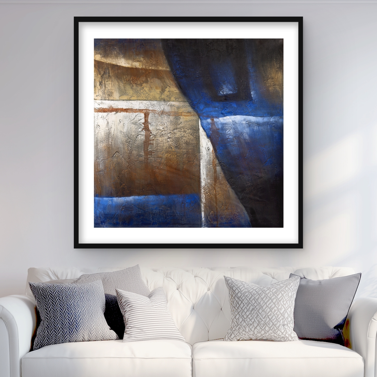 C1FM3636IQL8FB 36 x 36 in. Bronze Shapes with Blue Light - Framed Matted Print Decor