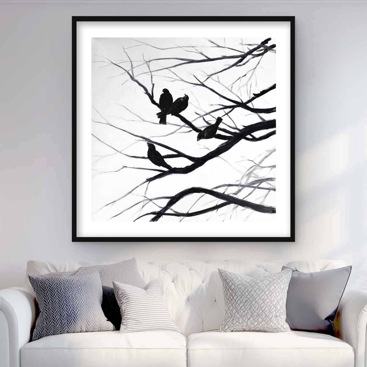 C1FM363632ZMYS 36 x 36 in. Birds & Branches Silhouette - Black Framed Matted Print
