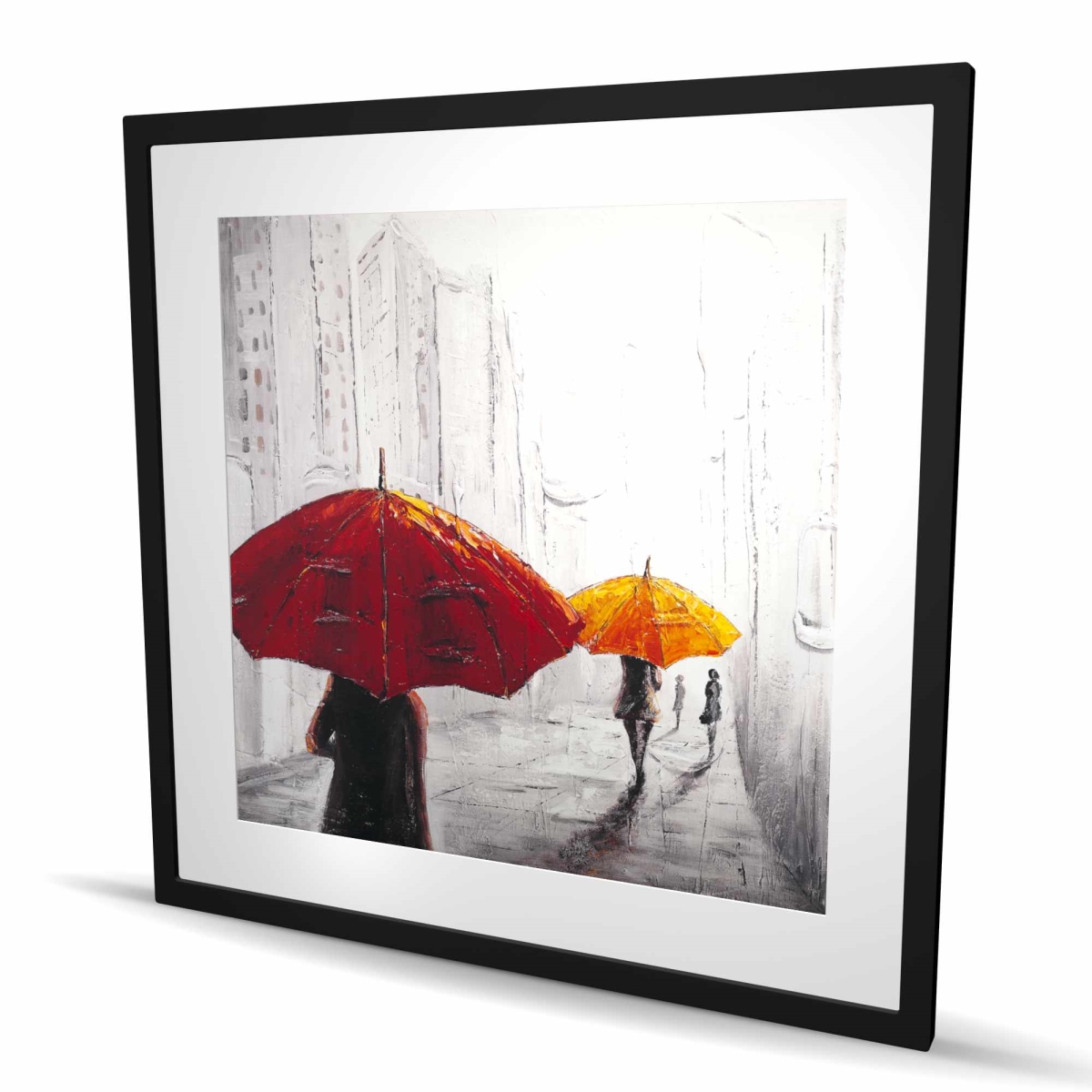 C1FM36367RAK37 36 x 36 in. Passersby with Umbrellas - Building Red Framed Matted Print