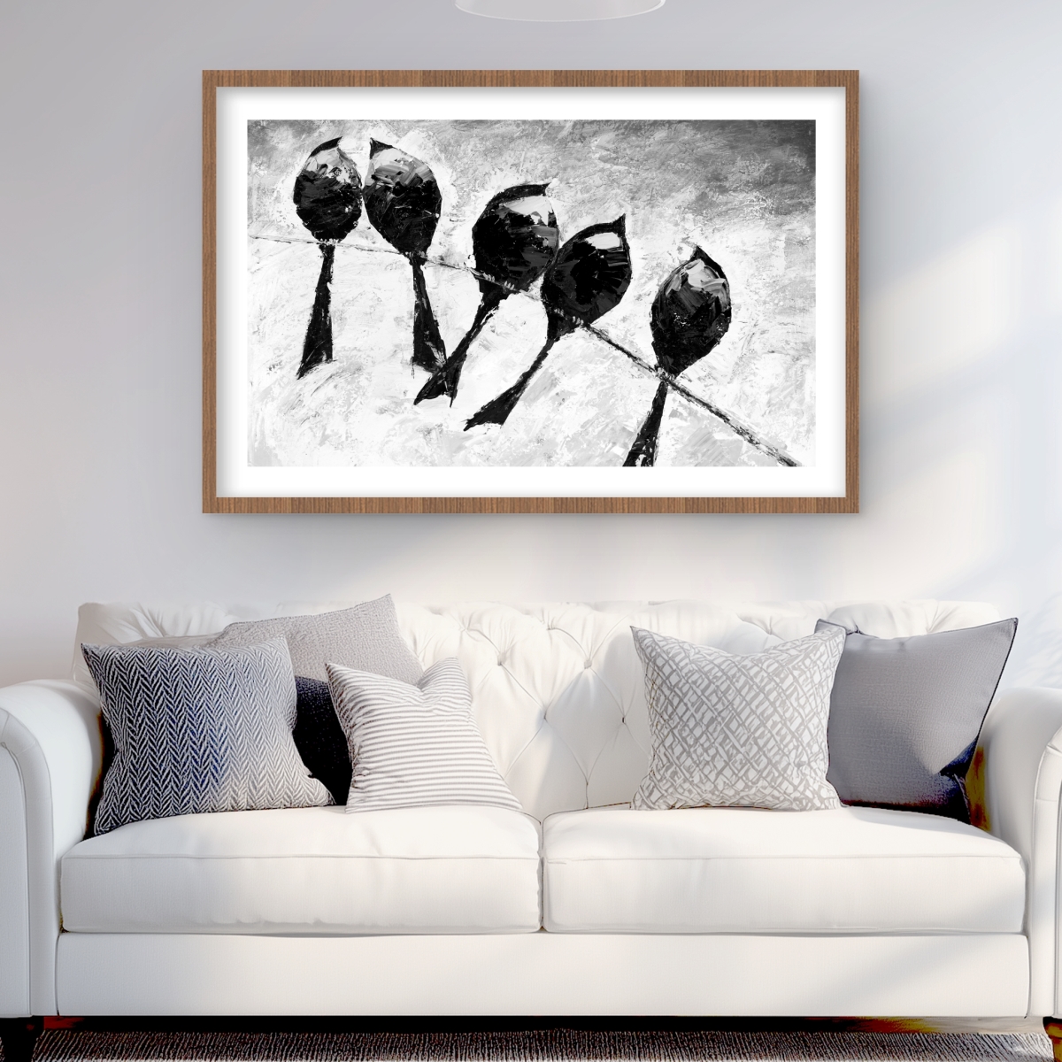 C1FM2436K1F2IF 24 x 36 in. Five Birds Perched - Feathers Office Framed Matted Print