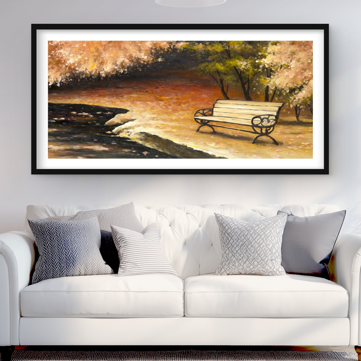 C1FM244887C9DM 24 x 48 in. Park Bench by Fall - Trees Office Framed Matted Print Decor