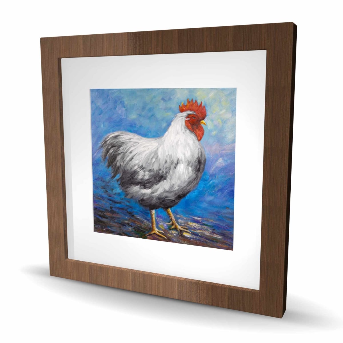 C1FM16166H5EKE 16 x 16 in. Gray Rooster - Kitchen Classic Blue Framed Matted Print