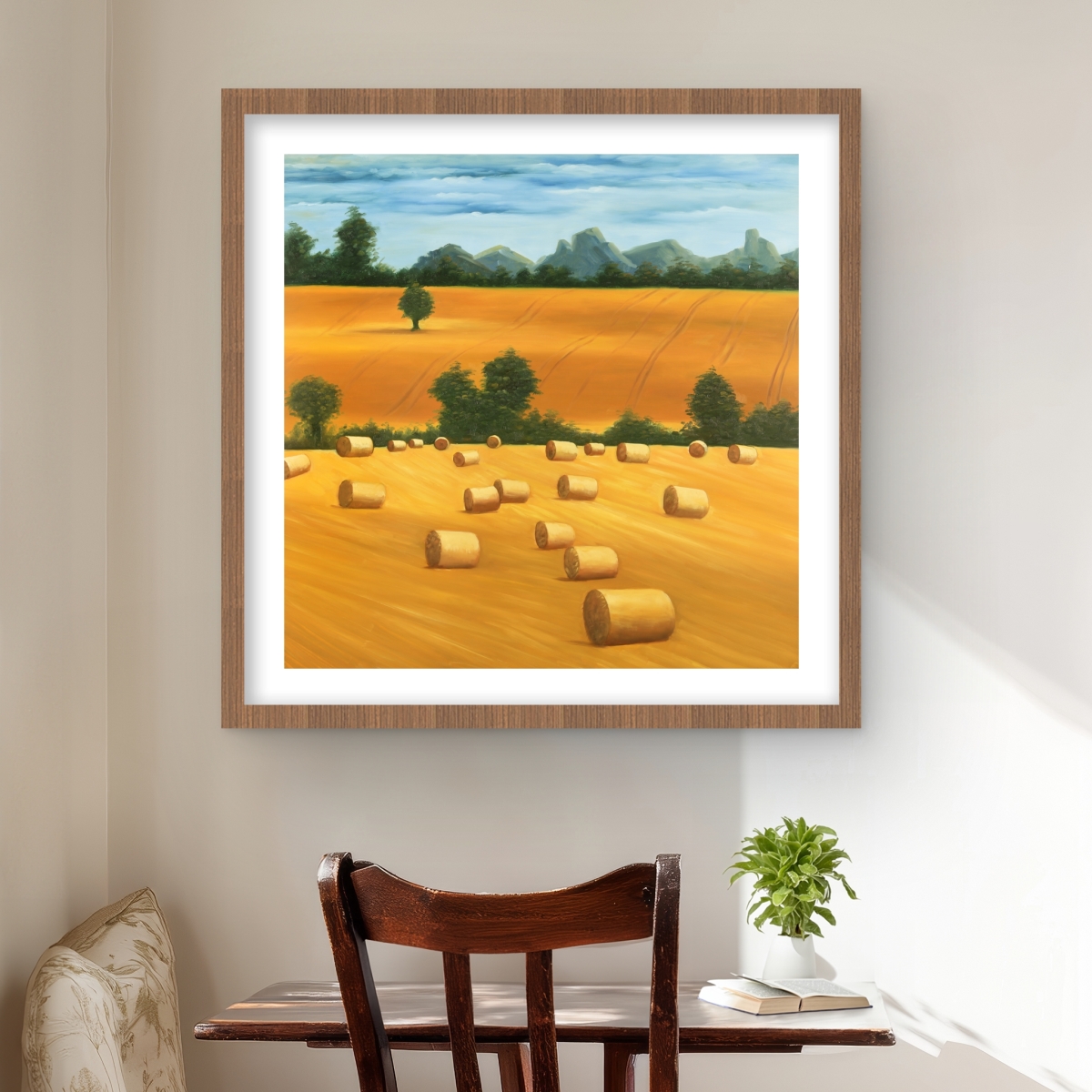 C1FM242482P793 24 x 24 in. Hay Bale Fields - Mountains Green Framed Matted Print Decor