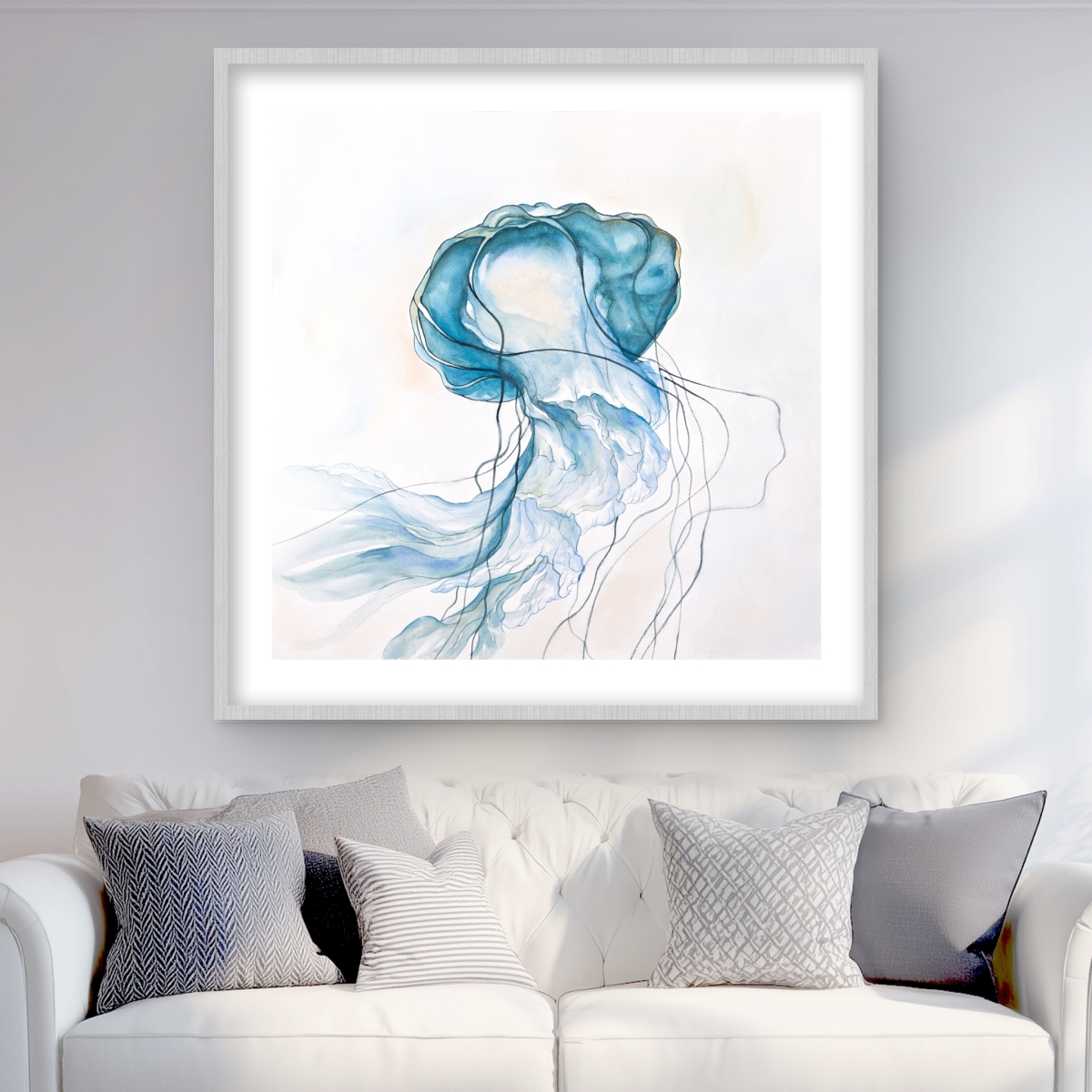 C1FM36362M7F0B 36 x 36 in. Jellyfish Moving - Blue Bathroom Framed Matted Print Decor