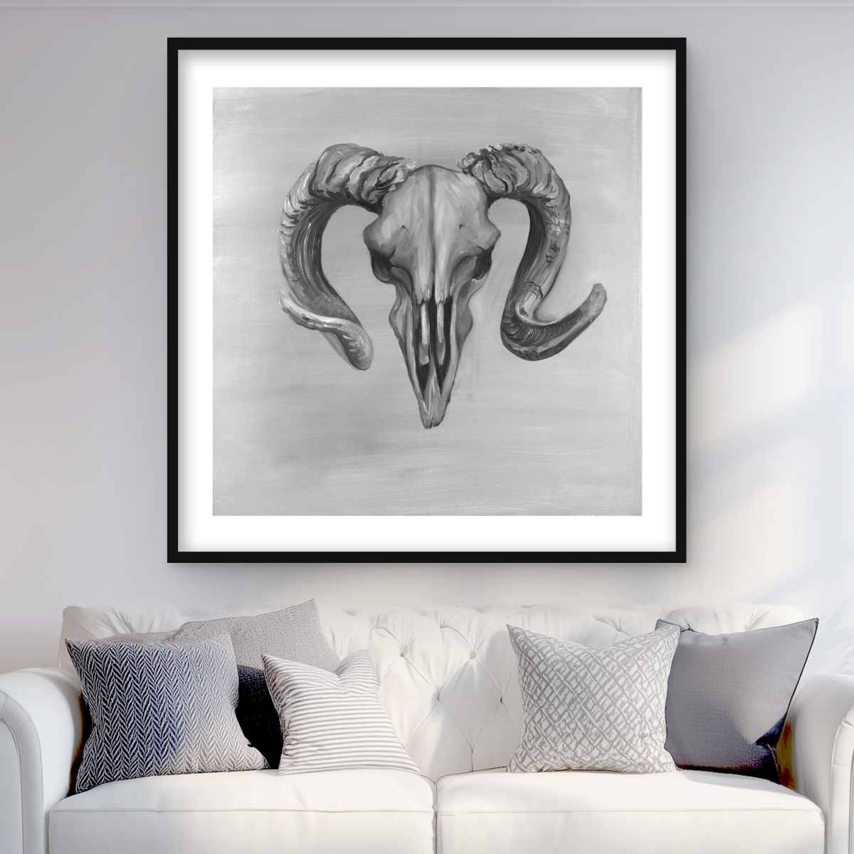 C1FM3636FDF0G2 36 x 36 in. Grayscale Aries Skull - Rustic Framed Print for Home Decor