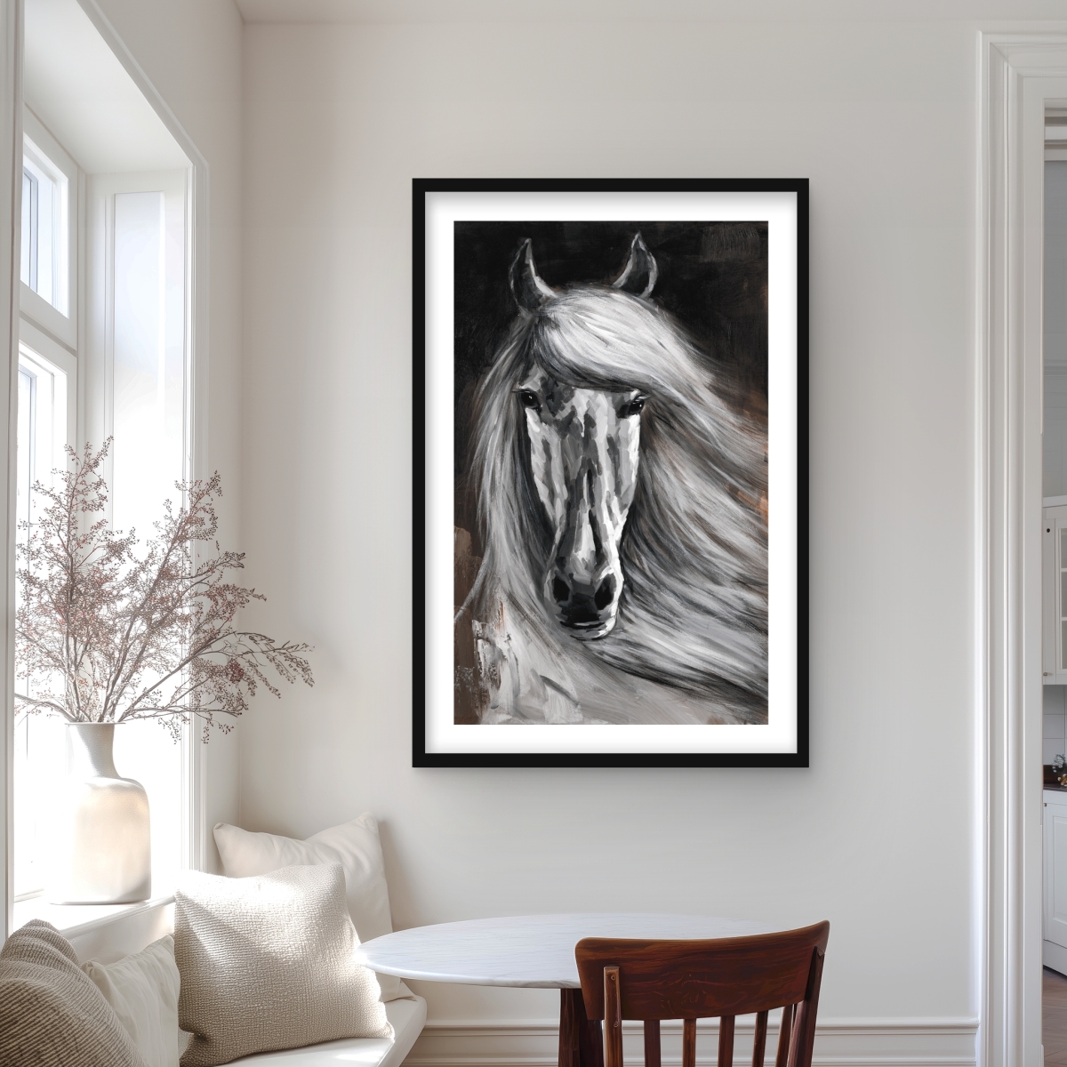 C1FM24367O9PSE 24 x 36 in. White Horse Framed Matted Print - Elegant Home Decor Art