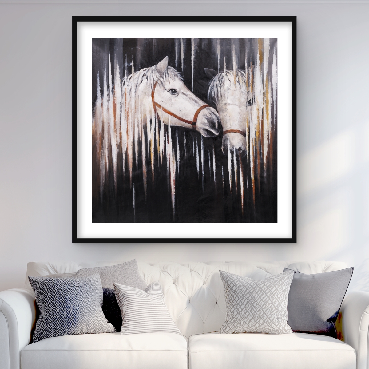C1FM3636QNZ5D7 36 x 36 in. Two White Horses Kissing - Black Rustic Framed Print Decor