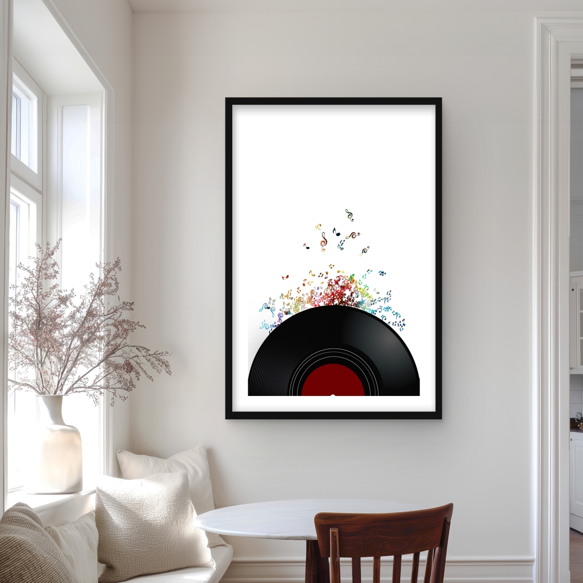 C1FM2436N7HSCQ 24 x 36 in. Notes Escaping From A Vinyl Record - Red Framed Print Decor