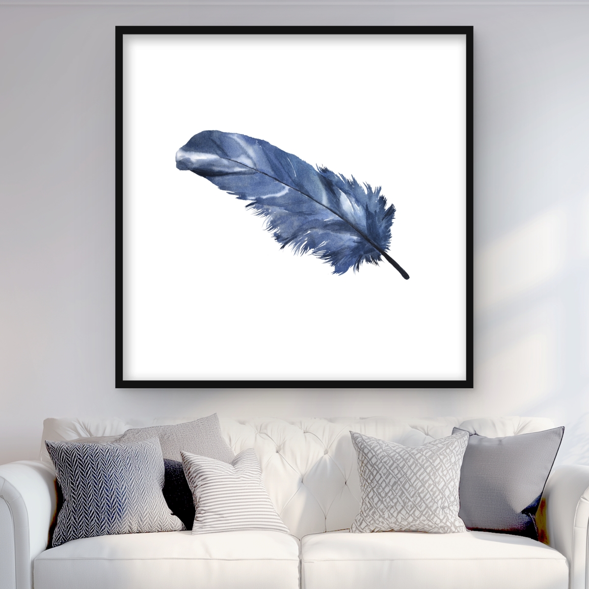 C1FM3636ZI294I 36 x 36 in. Blue Feather Framed Matted Print - Home Decor Feathers Art