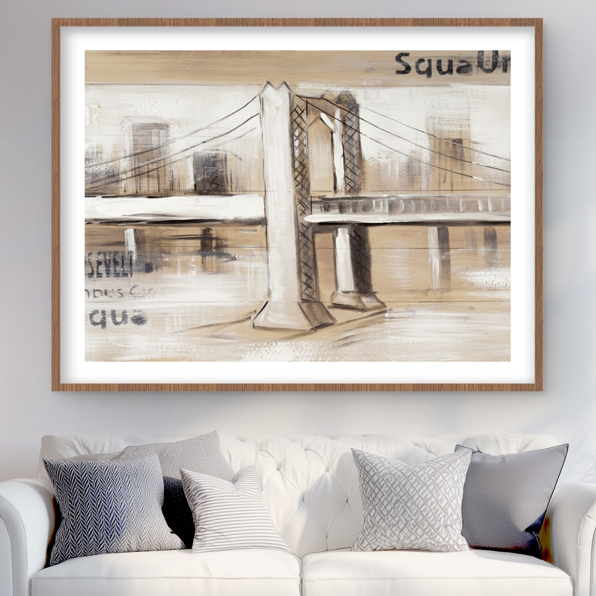 C1FM3648XE1Q6W 36 x 48 in. Abstract Bridge with Typography - Beige Framed Matted Print