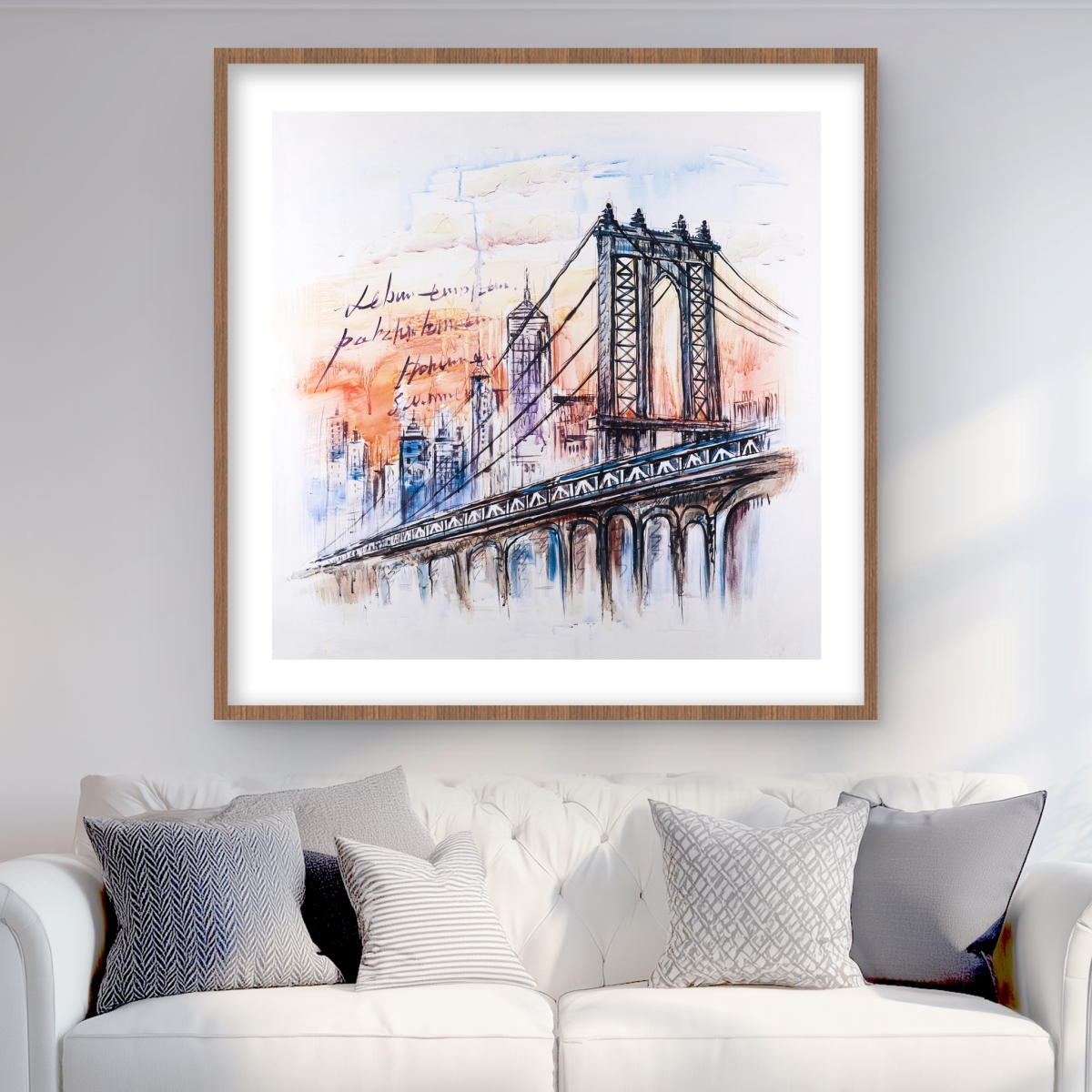 C1FM3636EDHM55 36 x 36 in. Bridge Sketch - Blue Framed Matted Print for Home Decor