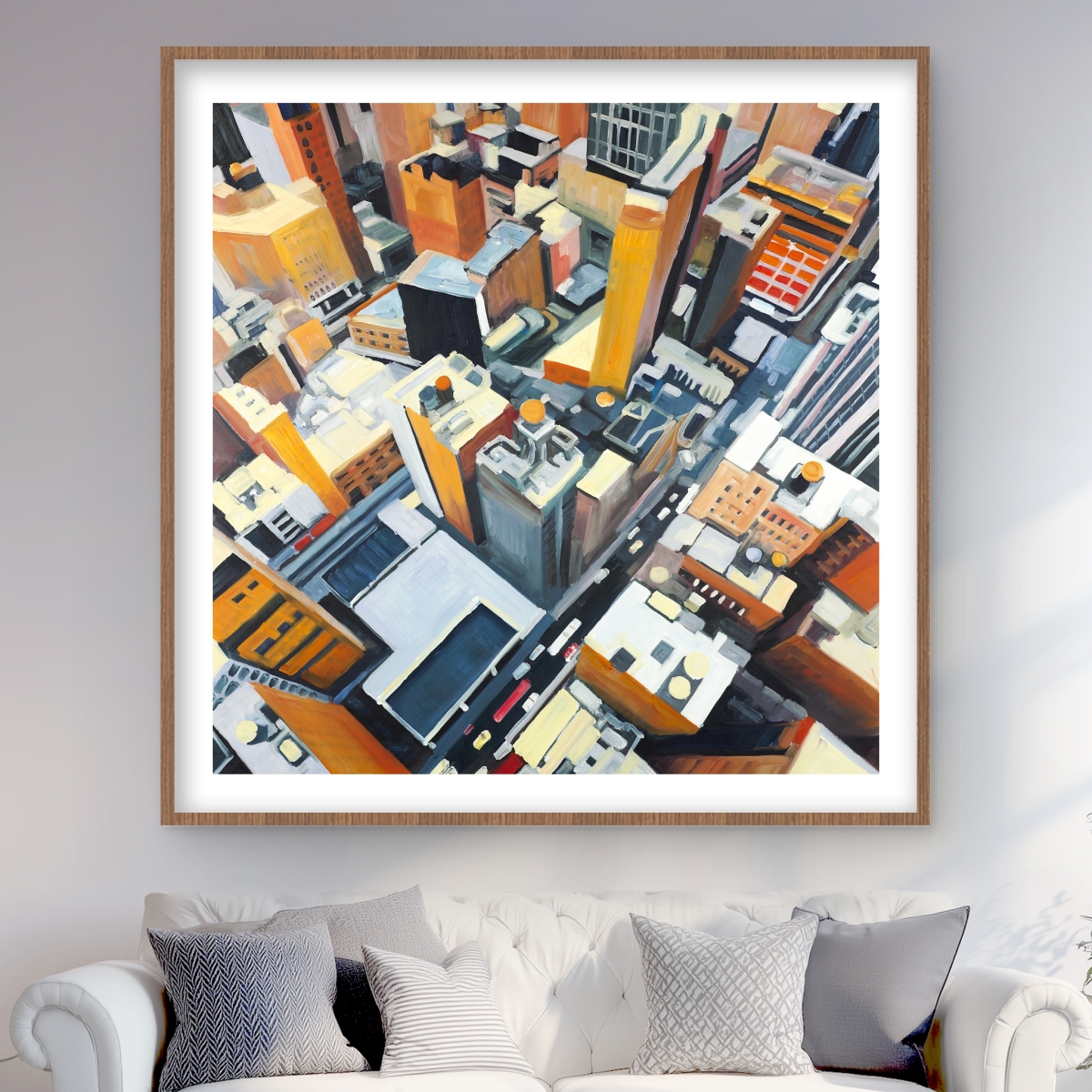 C1FM4848UB7R26 48 x 48 in. Orange Architecture Framed Print - NYC High Top View Decor
