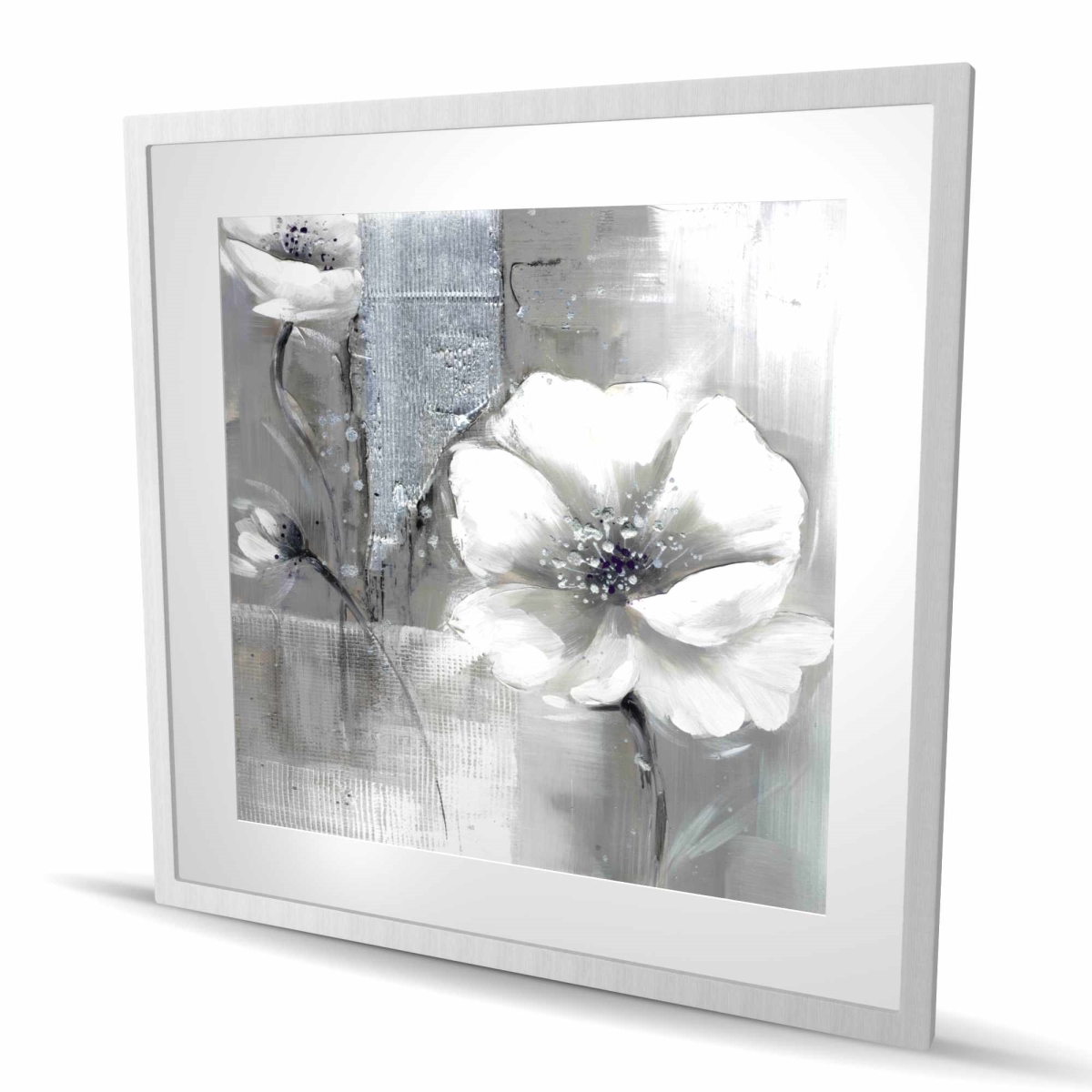 C1FM3636EBQZLR 36 x 36 in. Monochrome & Silver Flowers - Modern Framed Matted Print