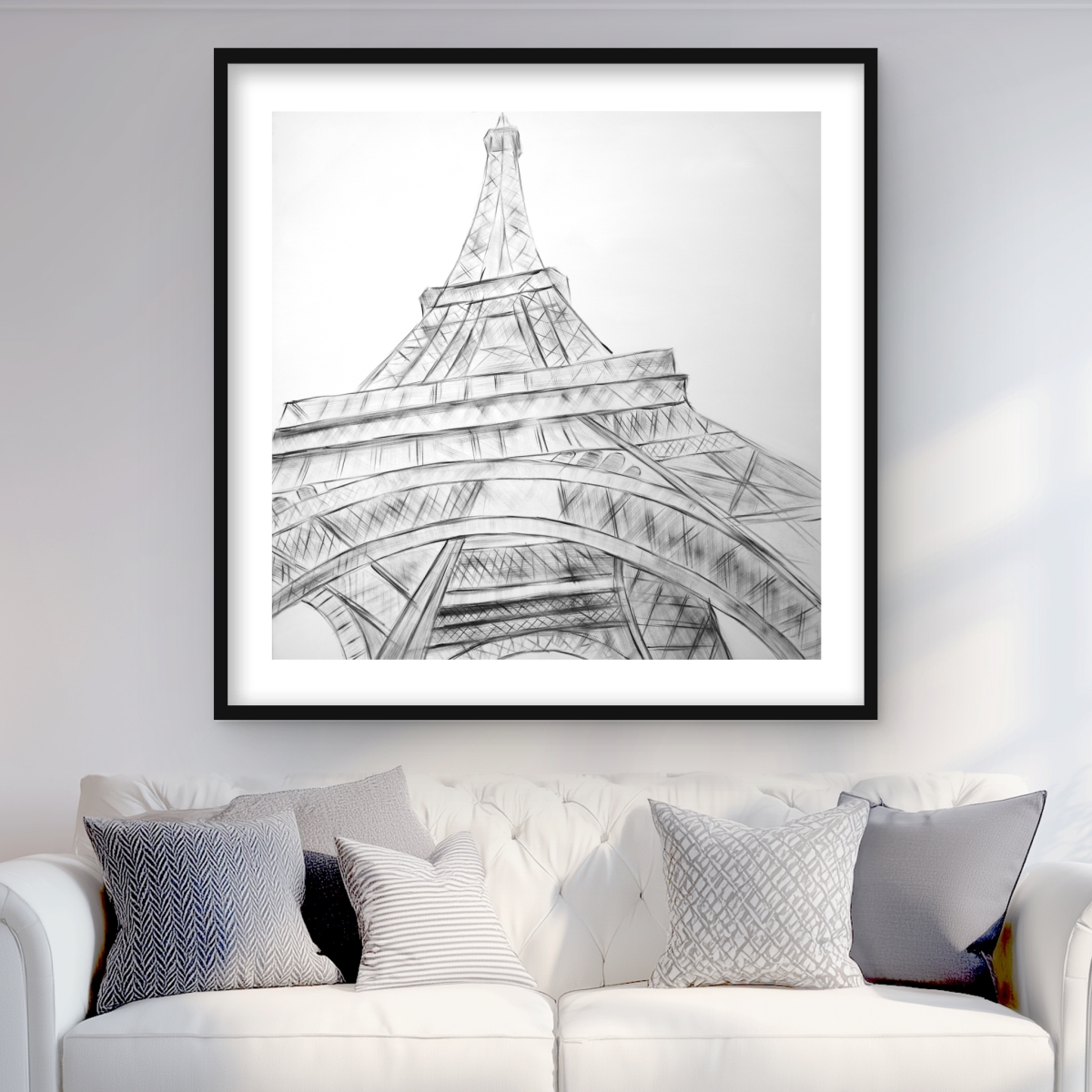 C1FM36364KXM9N 36 x 36 in. Eiffel Tower Sketch Black & White - Framed Print for Decor