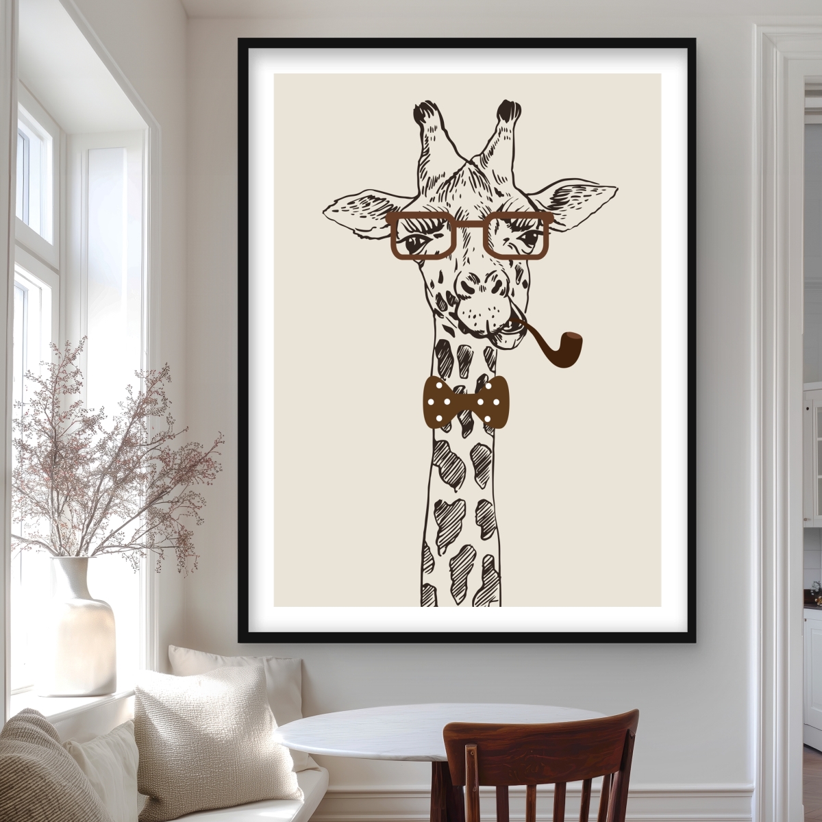C1FM36484VTRLS 36 x 48 in. Funny Giraffe with Pipe - Office Illustrative Framed Print