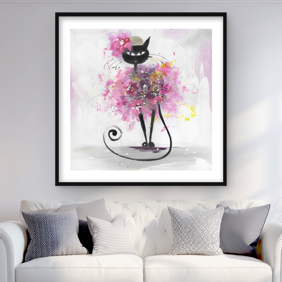 C1FM3636I7VPTM 36 x 36 in. Cartoon Cat with Pink Flowers - Framed Print for Kids Room