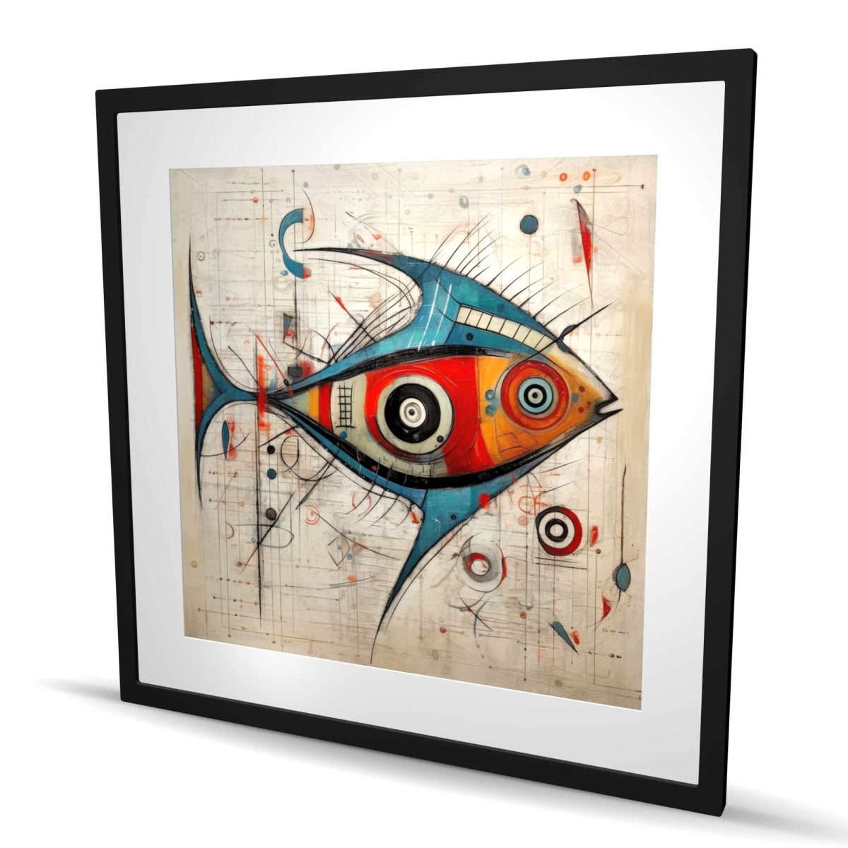 C1FM3636YSTLCH 36 x 36 in. Abstract Fish - Blue Framed Matted Print for Home Decor