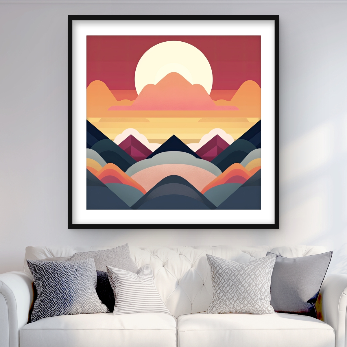 C1FM36363VYIP9 36 x 36 in. Symmetrical Mountain - Patterns Blue Framed Matted Print