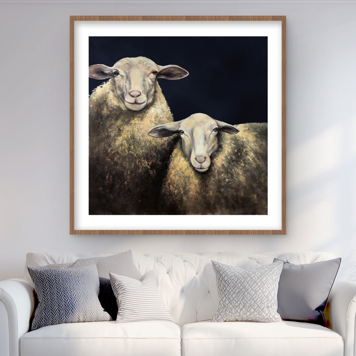 C1FM3636M9H8NU 36 x 36 in. Two Sheep Blue Background - Framed Matted Print for Decor
