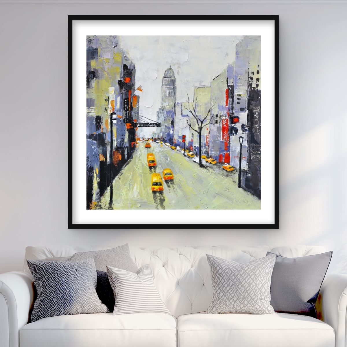 C1FM3636JH9N2A 36 x 36 in. Gray Street with Yellow Red Accents - Framed Matted Print