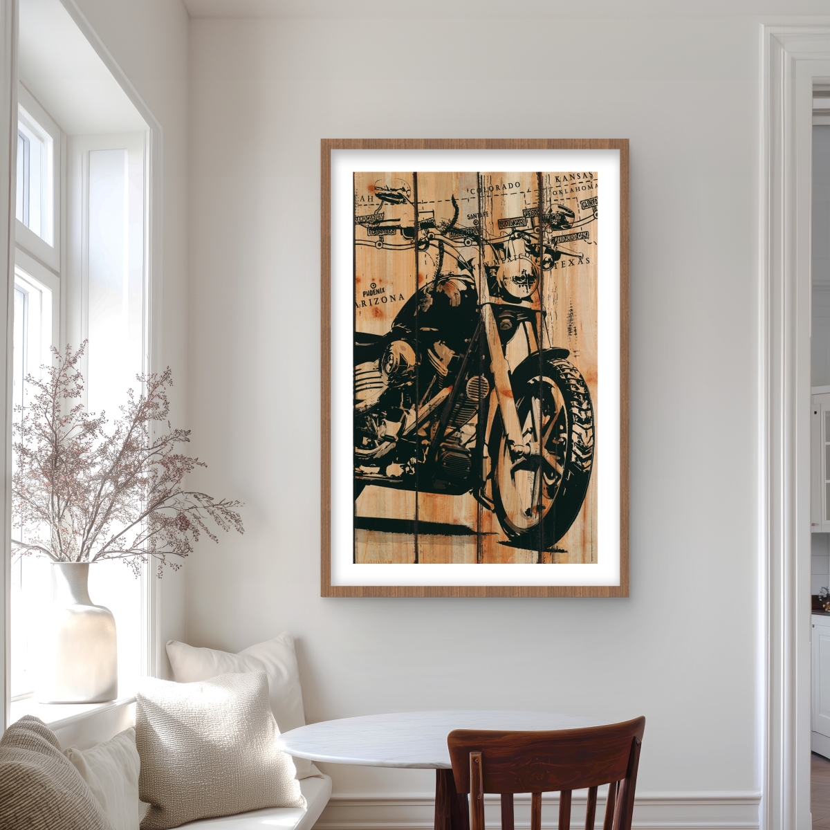 C1FM24366NKUA0 24 x 36 in. Motorcycle on Wood Background - Man Cave Decor Framed Print