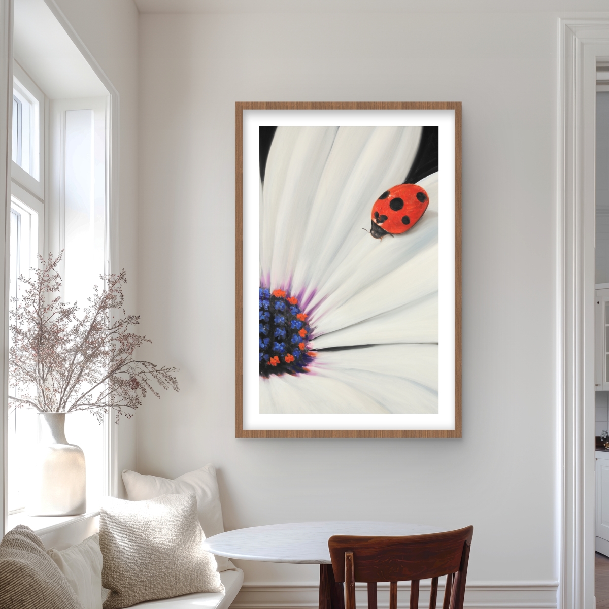 C1FM2436KXADX9 24 x 36 in. White Daisy & Ladybug - Framed Matted Print for Home Decor