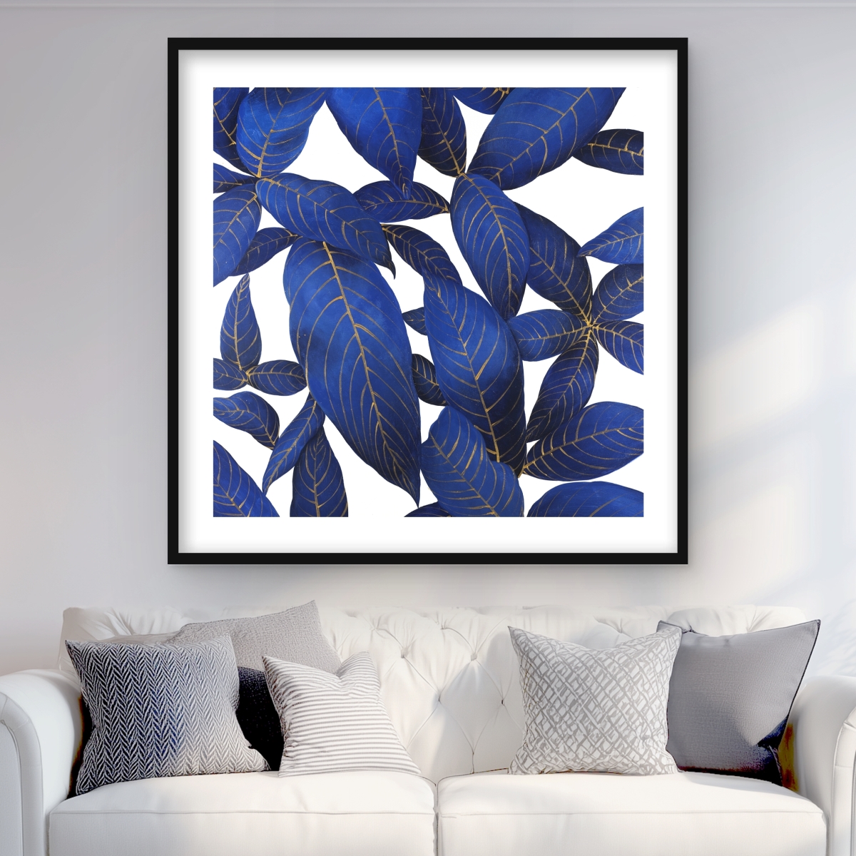 C1FM363699CGIF 36 x 36 in. Abstract Modern Blue Leaves - Exotic Botanical Framed Print