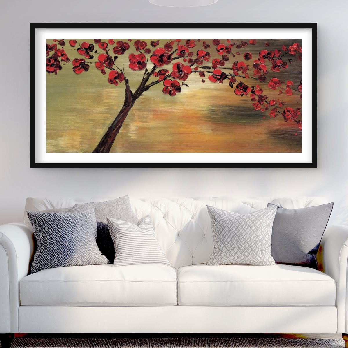 C1FM2448DG2OZV 24 x 48 in. Red Flowers Tree - Brown Framed Matted Print for Home Decor