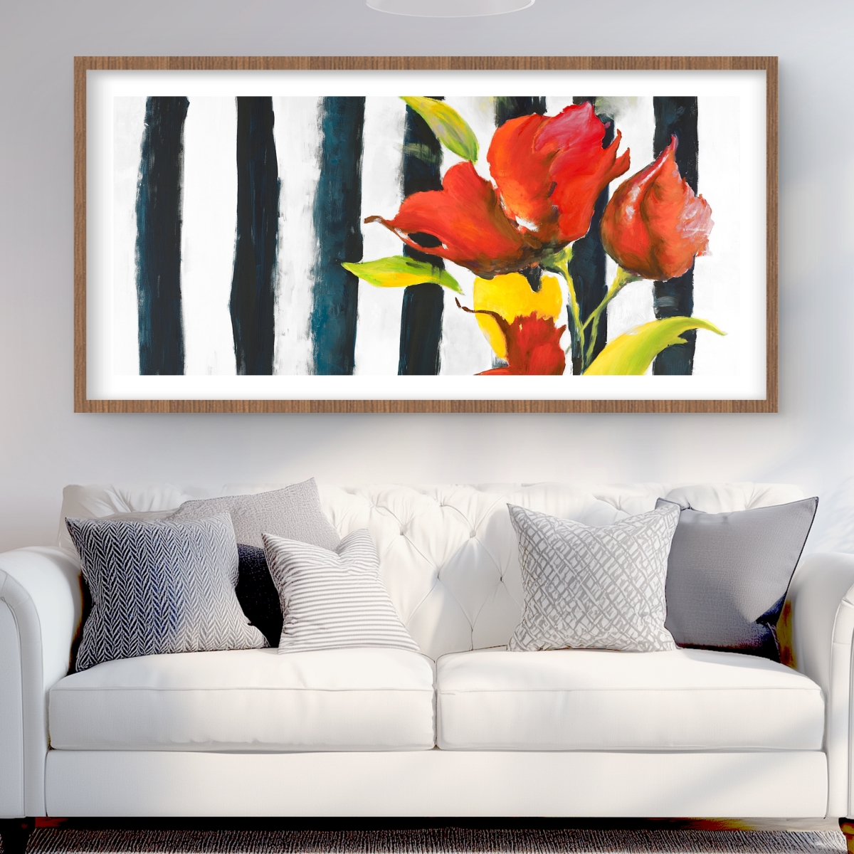 C1FM244815VQEE 24 x 48 in. Flowers on Black & White Stripes - Framed Matted Print