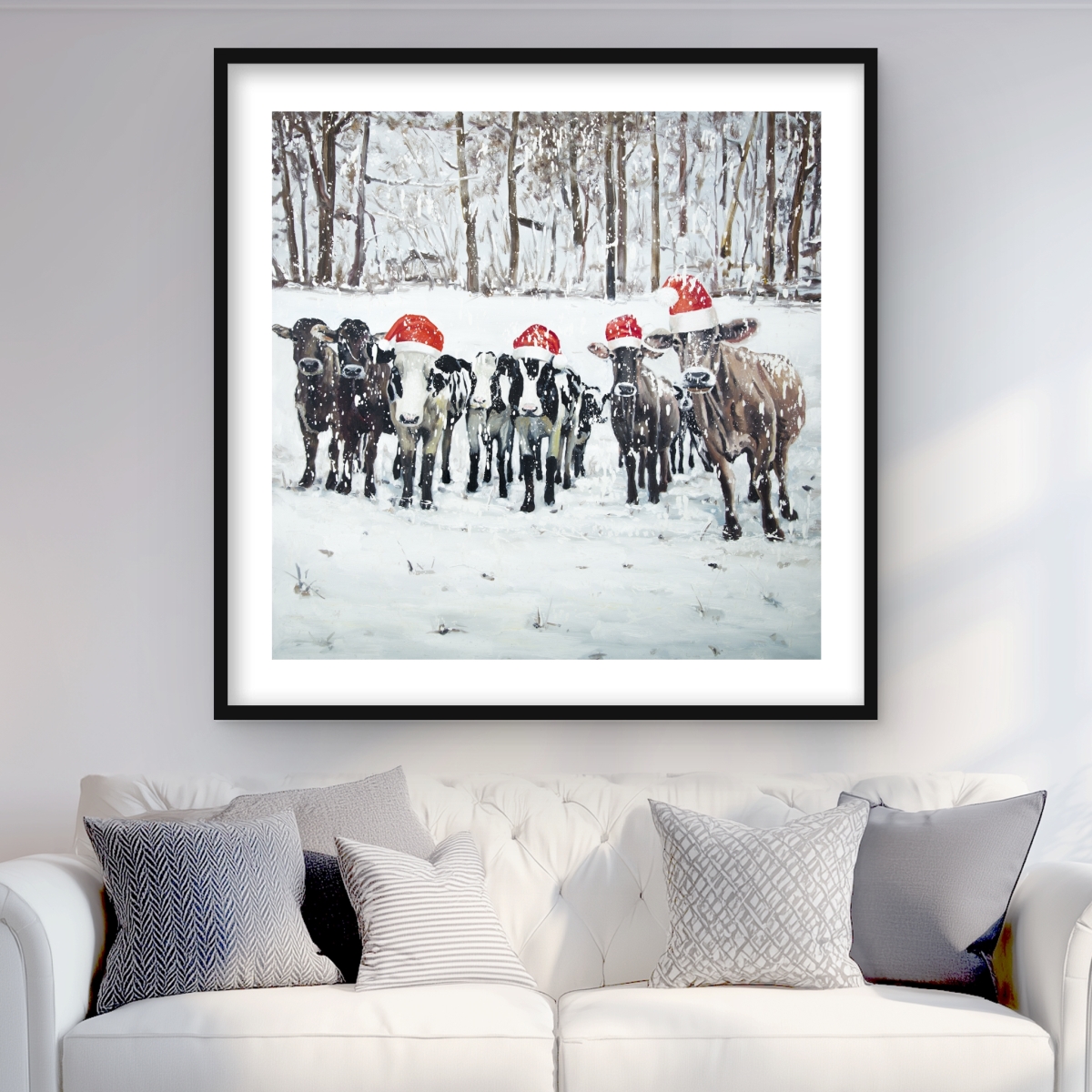 C1FM3636OBDYLT 36 x 36 in. Curious Christmas Cows - Framed Matted Print for Home Decor