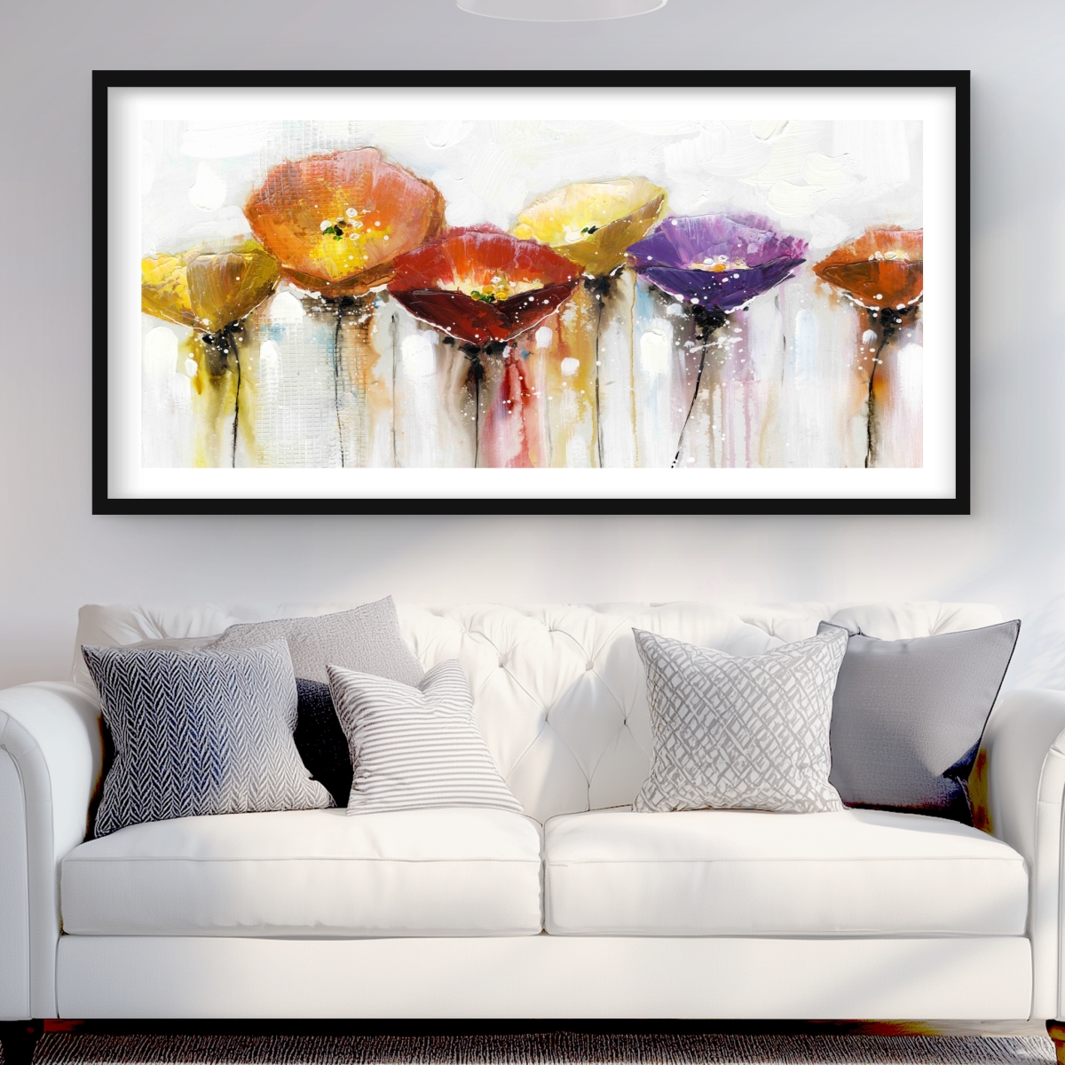 C1FM2448OQSJ0S 24 x 48 in. Multiple Colorful Abstract Flowers - Framed Botanical Print