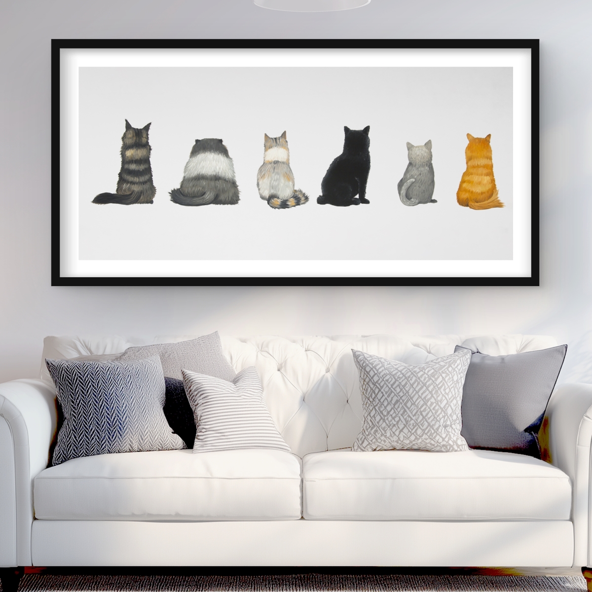 C1FM24487LQL4I 24 x 48 in. Six Cats Lined Up Back View - Brown Framed Matted Print