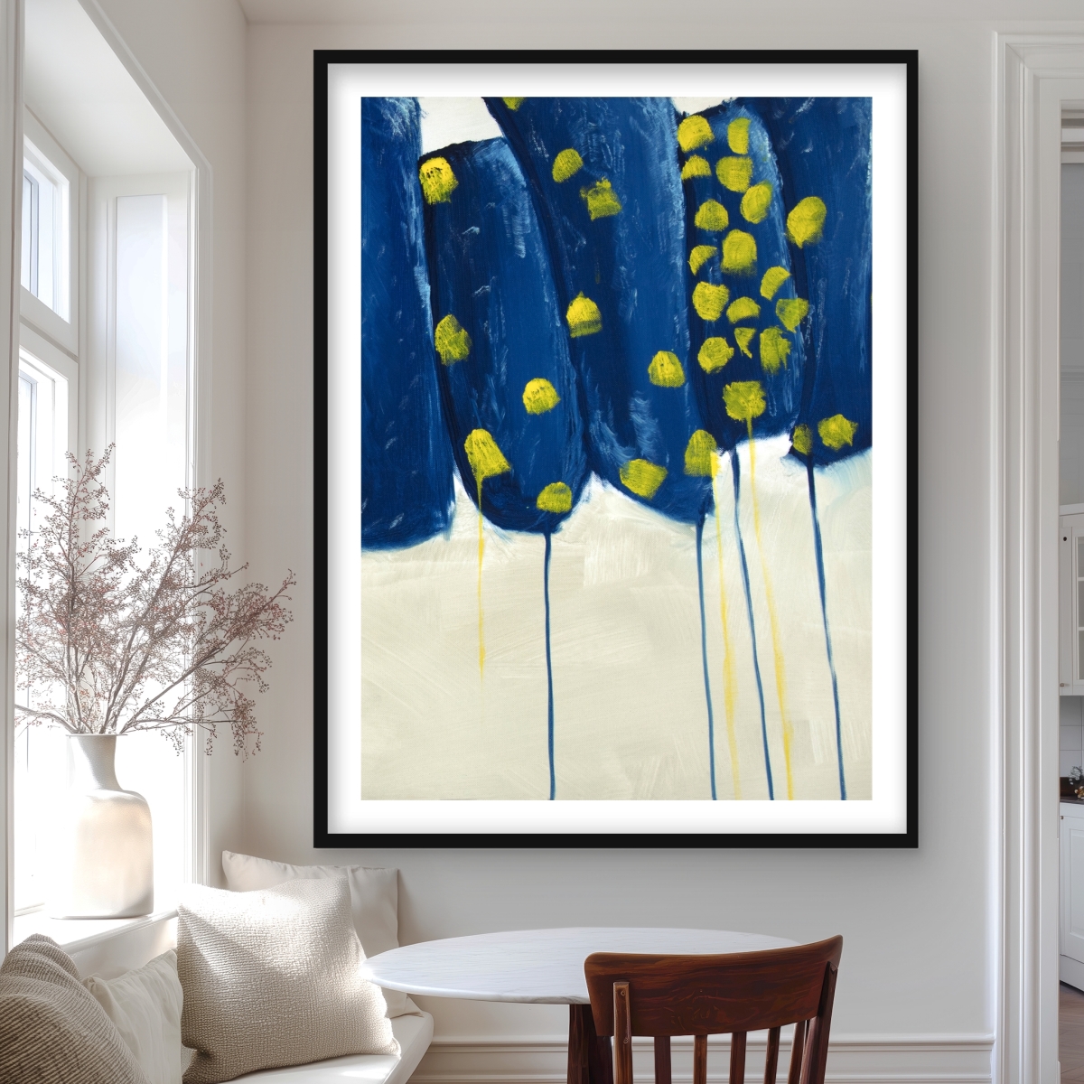 C1FM3648GNS2EK 36 x 48 in. Abstract Blue & Yellow Flowers - Framed Matted Print Decor