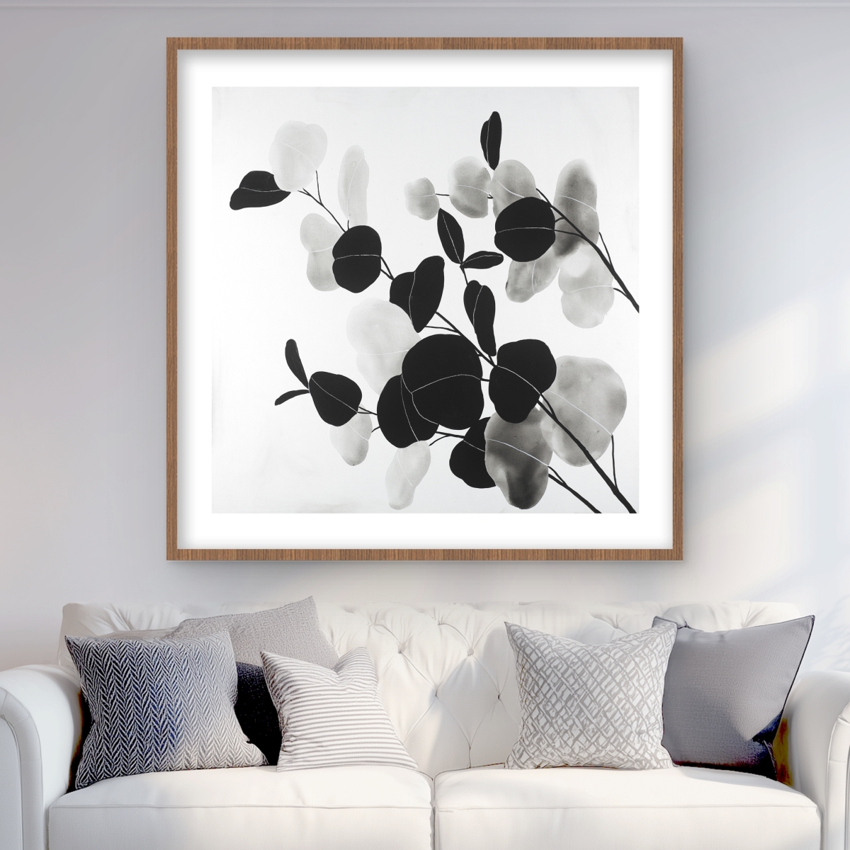 C1FM3636EQPFPD 36 x 36 in. Grayscale Branches with Leaves - Black & White Framed Print
