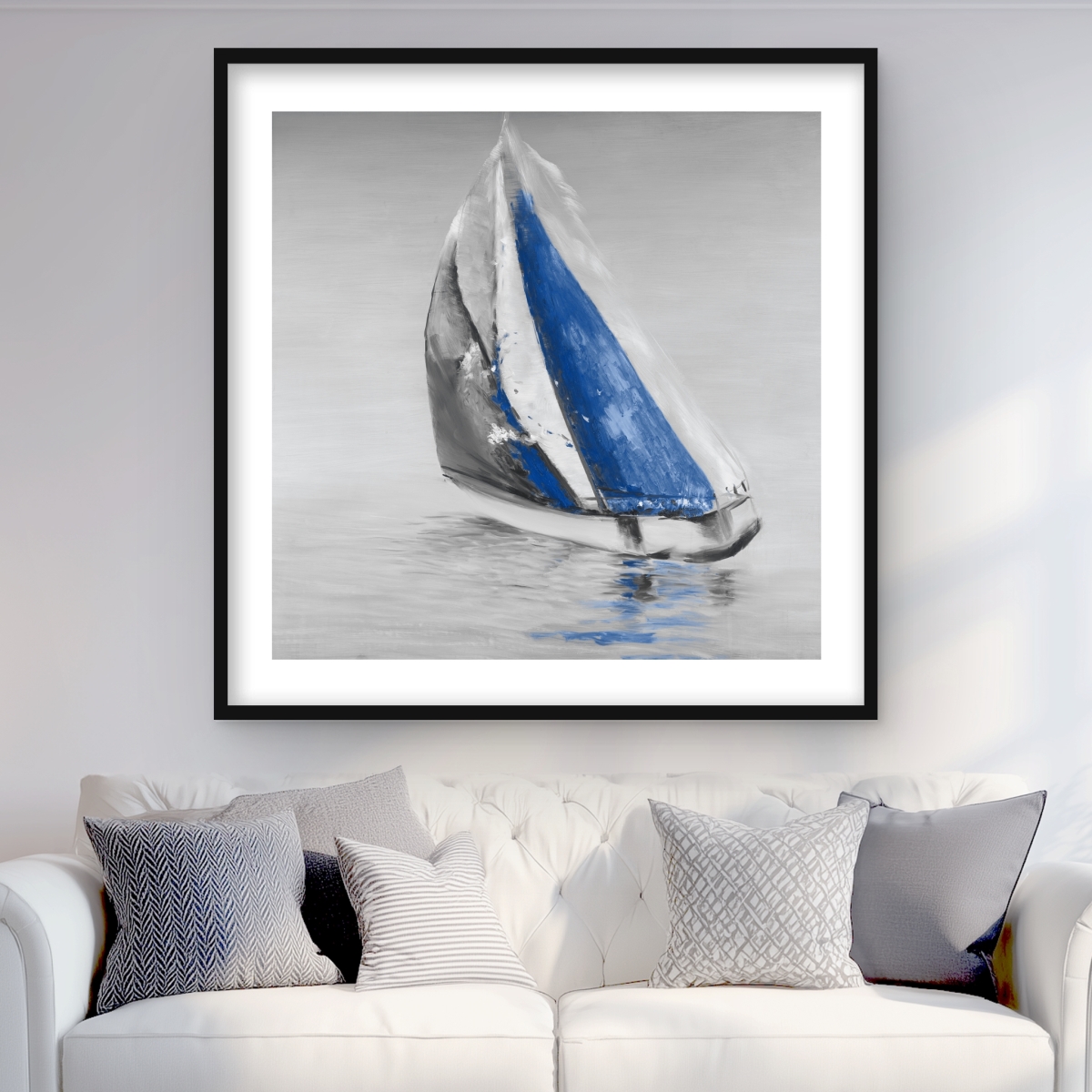 C1FM3636F6FJKT 36 x 36 in. Gray & Blue Boat Sailing - Classic Matted Print Decor