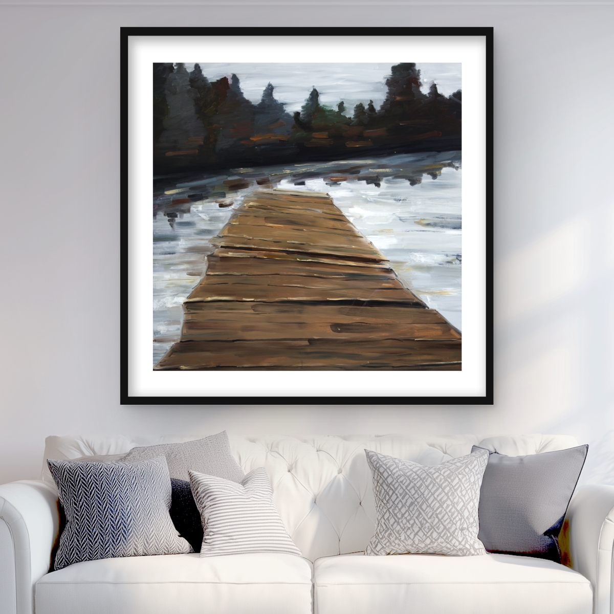 C1FM3636FCG6VI 36 x 36 in. Dock & Lake - Sea White Framed Matted Print for Home Decor