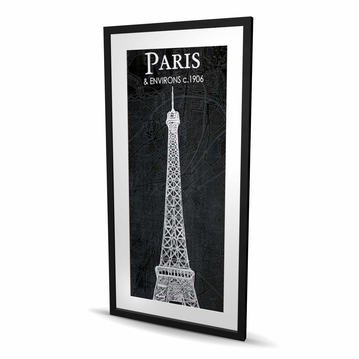 C1FM24480TIKK4 24 x 48 in. Eiffel Tower Sketch with Map - Black Framed Matted Print