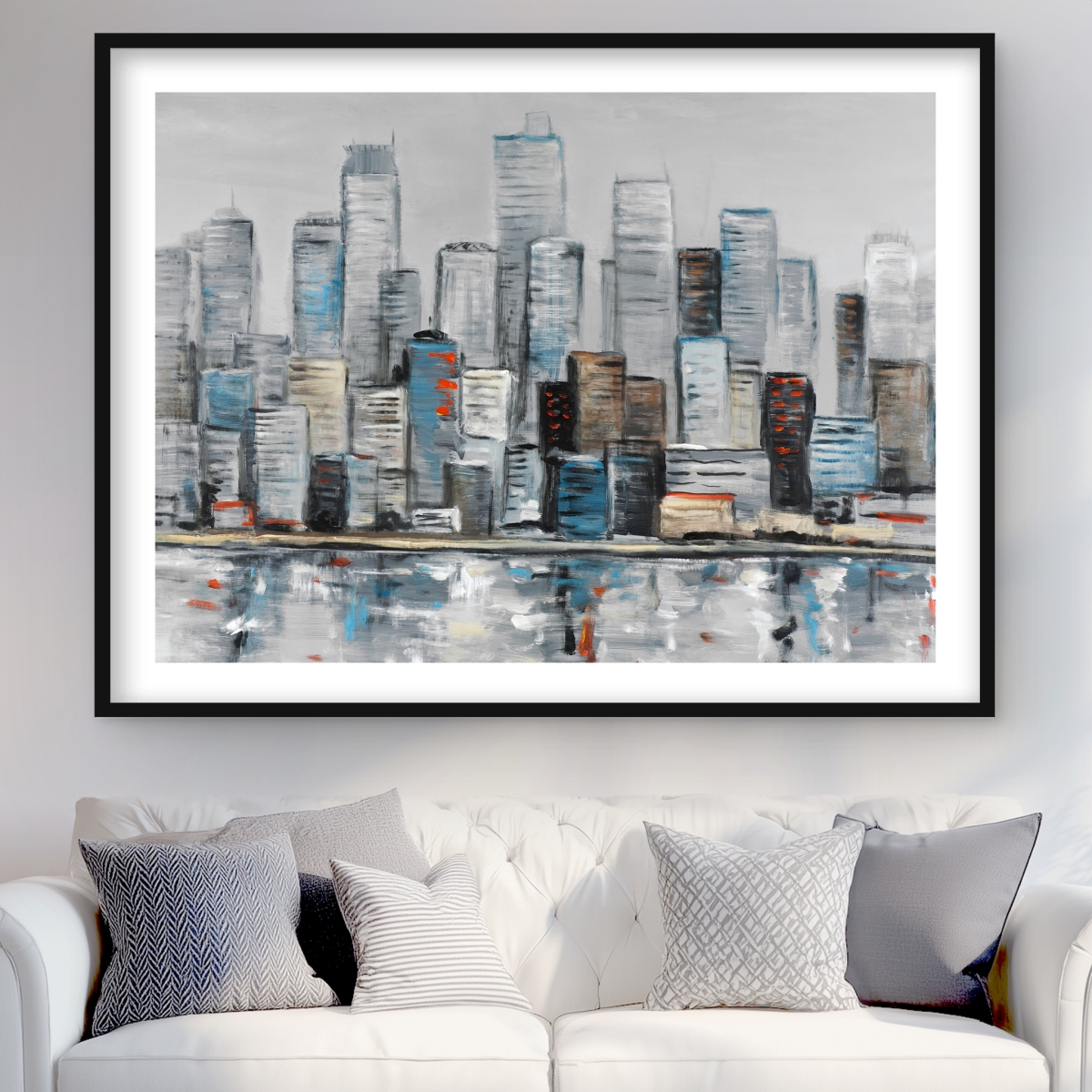 C1FM3648CVFEA3 36 x 48 in. Abstract Urban Skyline - Blue Bedroom Framed Print Decor