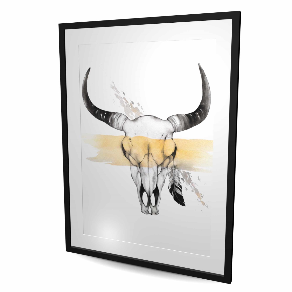C1FM3648D1O6M0 36 x 48 in. Cow Skull with Feather - Western Framed Matted Print Decor