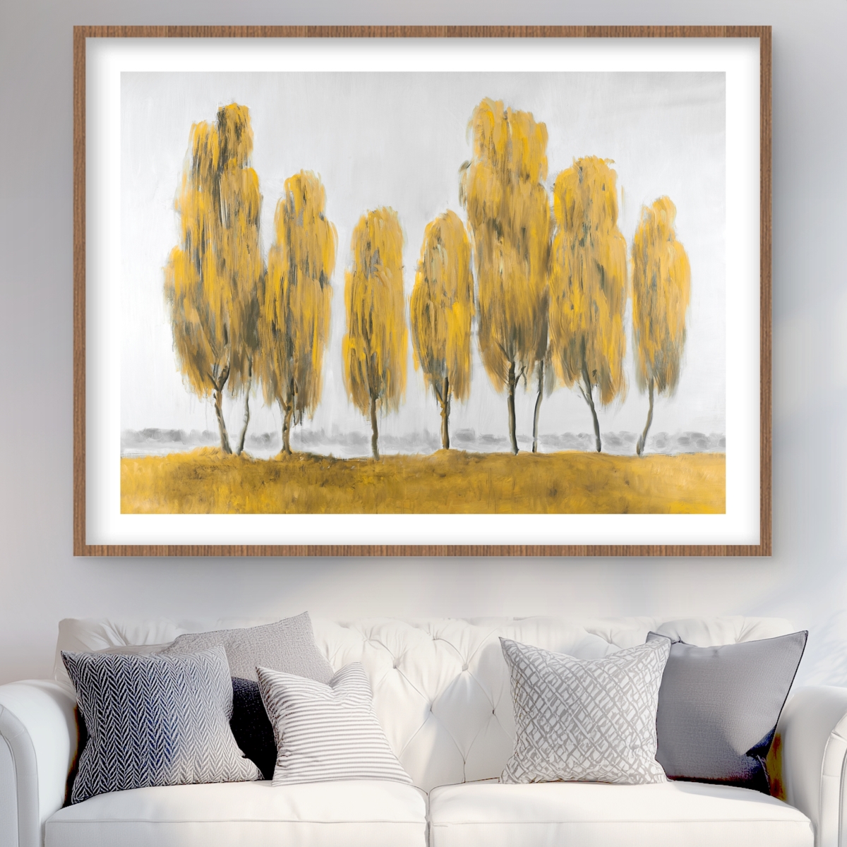 C1FM36482QN7D9 36 x 48 in. Seven Abstract Yellow Trees - Contemporary Framed Print