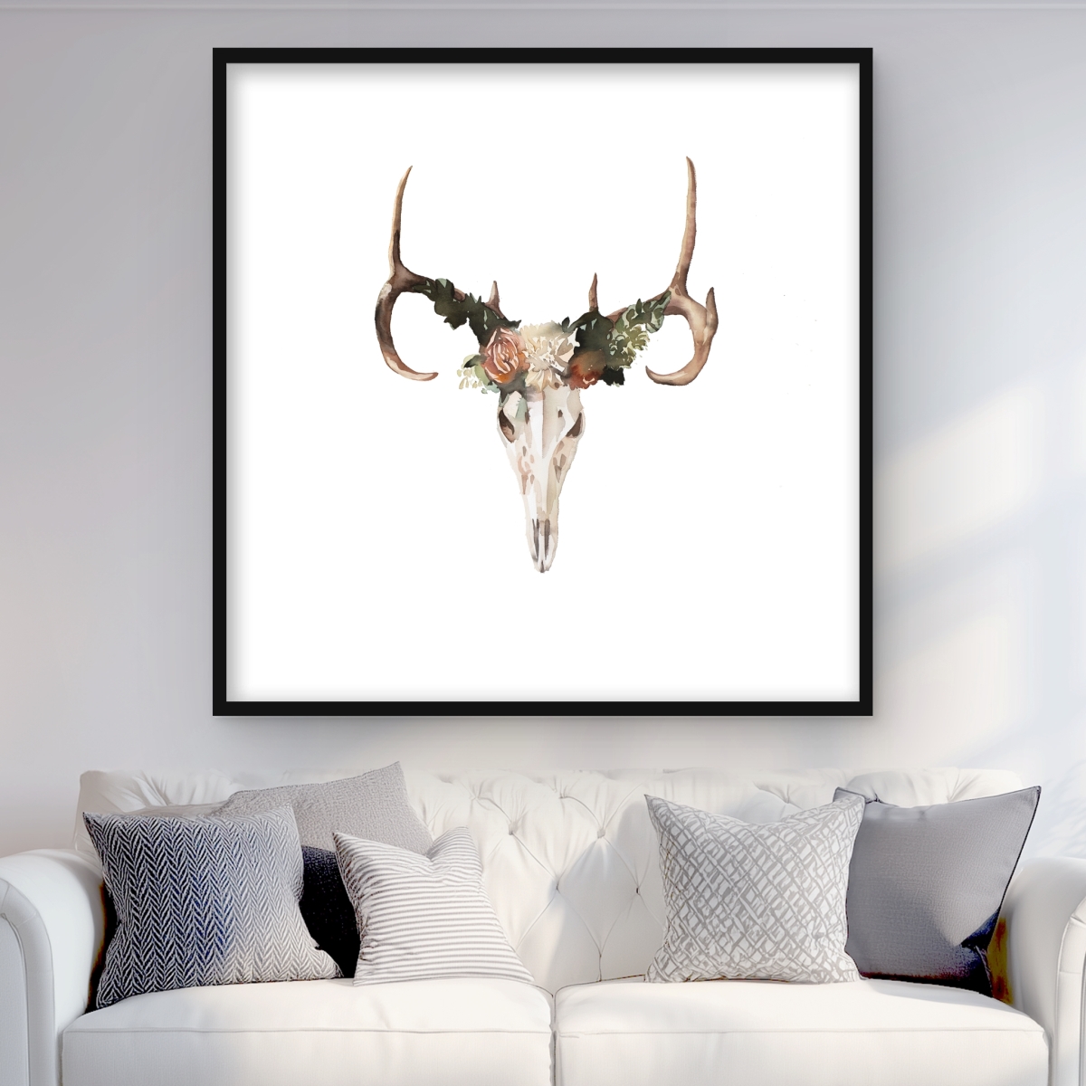 C1FM3636HBX6IY 36 x 36 in. Deer Skull with Roses - Framed Matted Print for Home Decor